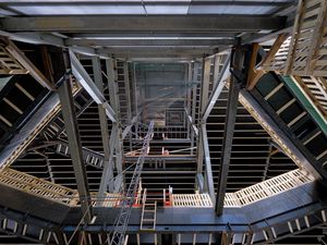 Preview wallpaper construction, frame, metal, beams, stairs, architecture