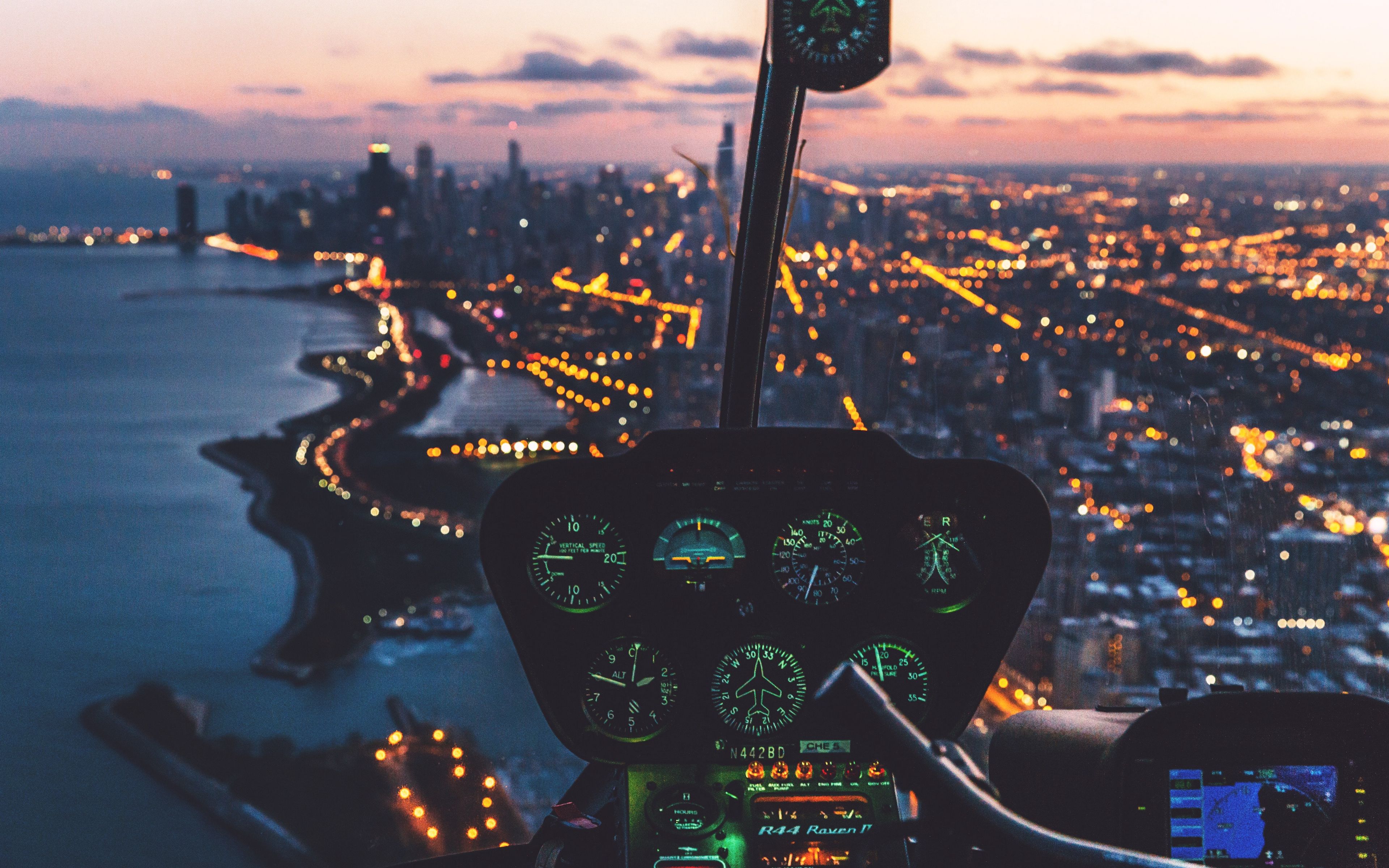 Download wallpaper 3840x2400 control panel helicopter pilot night city  glare 4k ultra hd 1610 hd background