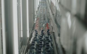 Preview wallpaper conveyor, bottles, tunnel, light