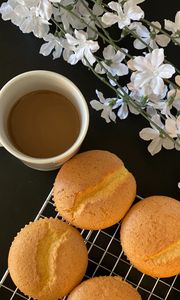 Preview wallpaper cookies, coffee, cup, flowers