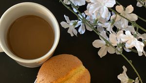 Preview wallpaper cookies, coffee, cup, flowers