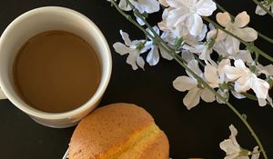 Preview wallpaper cookies, coffee, cup, flowers