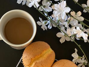 Preview wallpaper cookies, coffee, cup, flowers