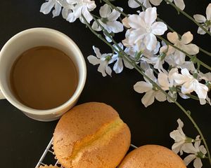 Preview wallpaper cookies, coffee, cup, flowers