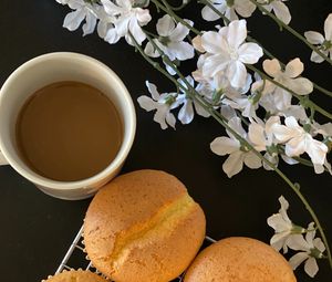 Preview wallpaper cookies, coffee, cup, flowers
