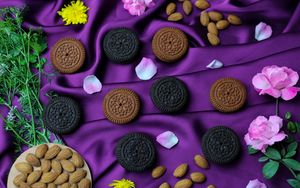 Preview wallpaper cookies, petals, nuts, flowers, dessert