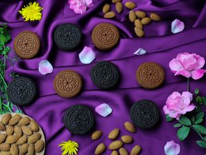 Preview wallpaper cookies, petals, nuts, flowers, dessert