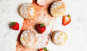 Preview wallpaper cookies, strawberries, powdered sugar, dessert