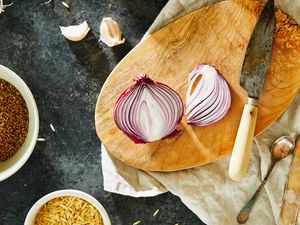 Preview wallpaper cooking, onion, spices, knife, board