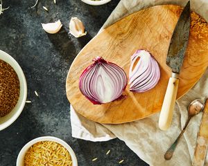 Preview wallpaper cooking, onion, spices, knife, board