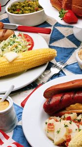 Preview wallpaper corn, sausages, sandwiches, mustard
