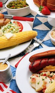 Preview wallpaper corn, sausages, sandwiches, mustard