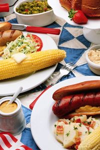 Preview wallpaper corn, sausages, sandwiches, mustard