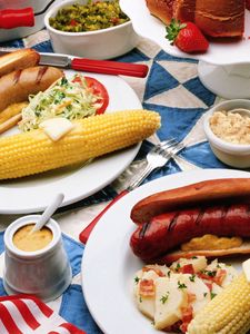 Preview wallpaper corn, sausages, sandwiches, mustard