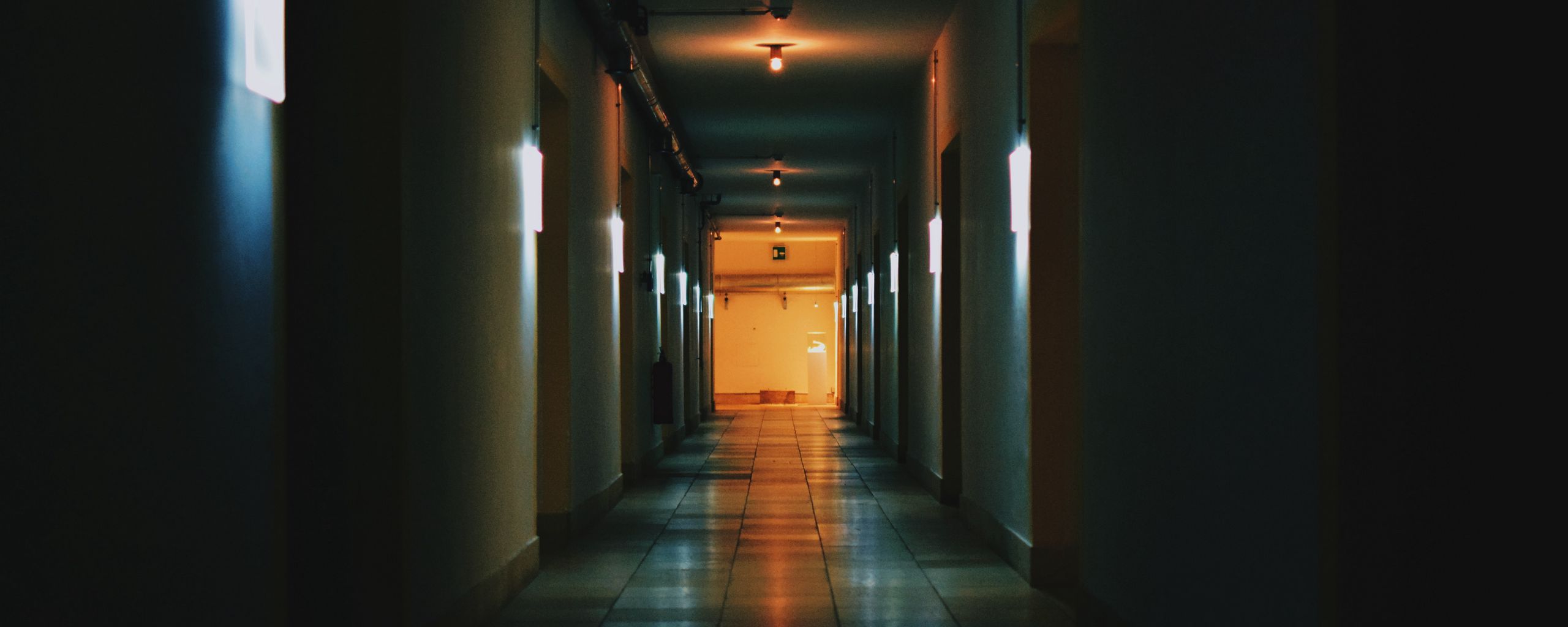 2560x1024 Wallpaper corridor, dark, building, lighting