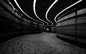 Preview wallpaper corridor, dark, bw, winding, lighting