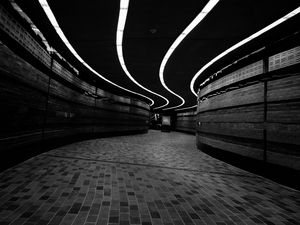 Preview wallpaper corridor, dark, bw, winding, lighting