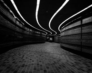 Preview wallpaper corridor, dark, bw, winding, lighting