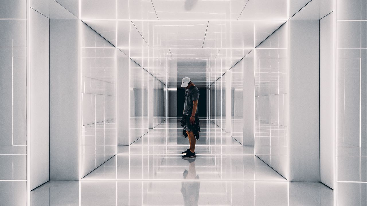 Wallpaper corridor, man, reflections, symmetry, minimalism