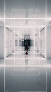 Preview wallpaper corridor, man, reflections, symmetry, minimalism