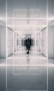 Preview wallpaper corridor, man, reflections, symmetry, minimalism