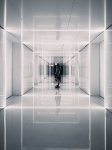 Preview wallpaper corridor, man, reflections, symmetry, minimalism