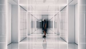 Preview wallpaper corridor, man, reflections, symmetry, minimalism