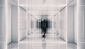 Preview wallpaper corridor, man, reflections, symmetry, minimalism