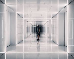 Preview wallpaper corridor, man, reflections, symmetry, minimalism