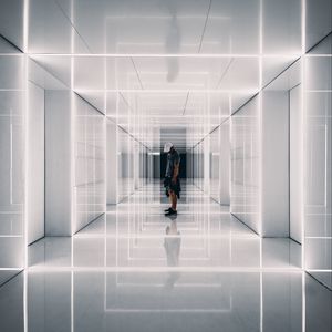 Preview wallpaper corridor, man, reflections, symmetry, minimalism