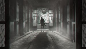 Preview wallpaper corridor, silhouette, dark, door, fog