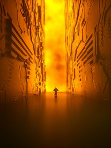 Preview wallpaper corridor, silhouette, glow, fire, light, walls