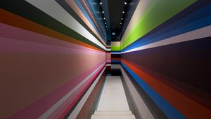 Preview wallpaper corridor, stripes, stairs, interior, geometry, lines, architecture