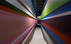 Preview wallpaper corridor, stripes, stairs, interior, geometry, lines, architecture