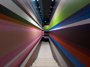 Preview wallpaper corridor, stripes, stairs, interior, geometry, lines, architecture