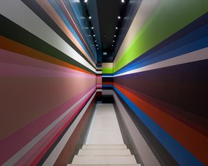 Preview wallpaper corridor, stripes, stairs, interior, geometry, lines, architecture