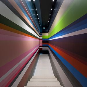 Preview wallpaper corridor, stripes, stairs, interior, geometry, lines, architecture