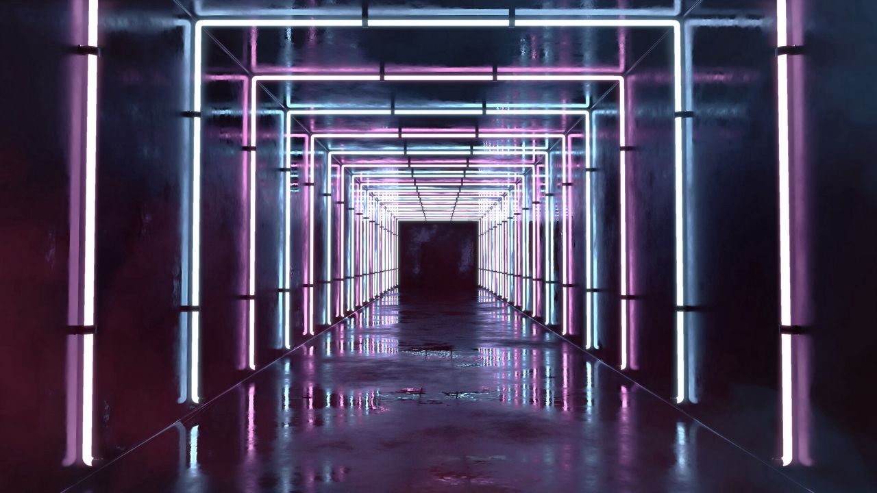 Wallpaper corridor, tunnel, neon, light, reflection