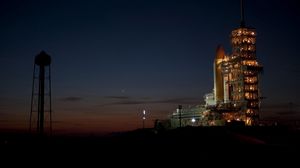 Preview wallpaper cosmodrome, launch pad, night, rocket