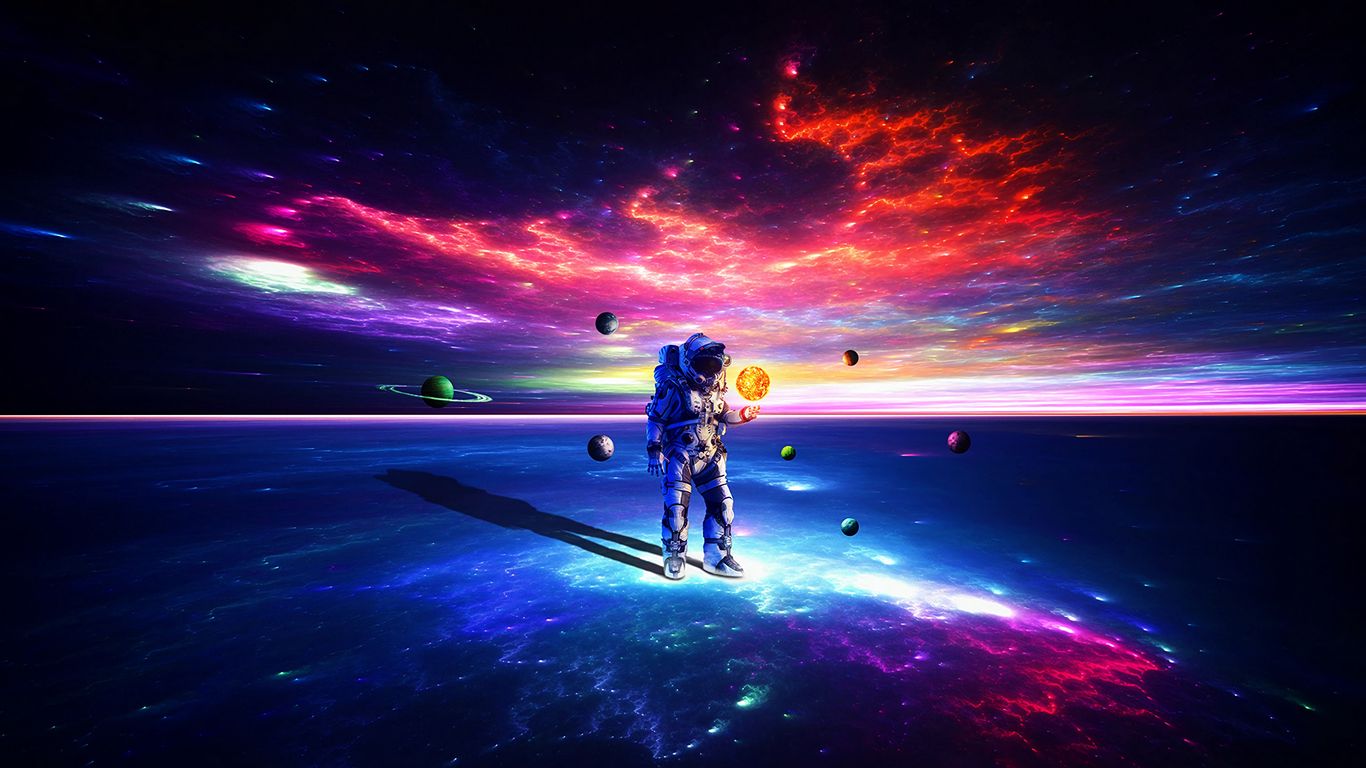 Download Wallpaper 1366x768 Cosmonaut Astronaut Space Suit Space Planets Colorful Tablet Laptop Hd Background