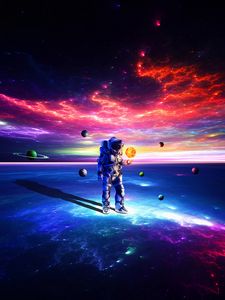 Preview wallpaper cosmonaut, astronaut, space suit, space, planets, colorful