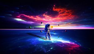 Preview wallpaper cosmonaut, astronaut, space suit, space, planets, colorful