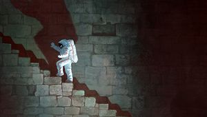 Preview wallpaper cosmonaut, astronaut, spacesuit, rock, art