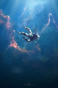 Preview wallpaper cosmonaut, fall, depth, immersion, rays