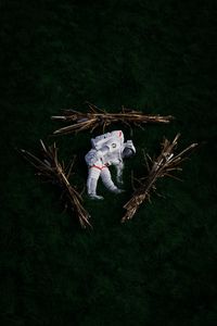 Preview wallpaper cosmonaut, space suit, branches, grass