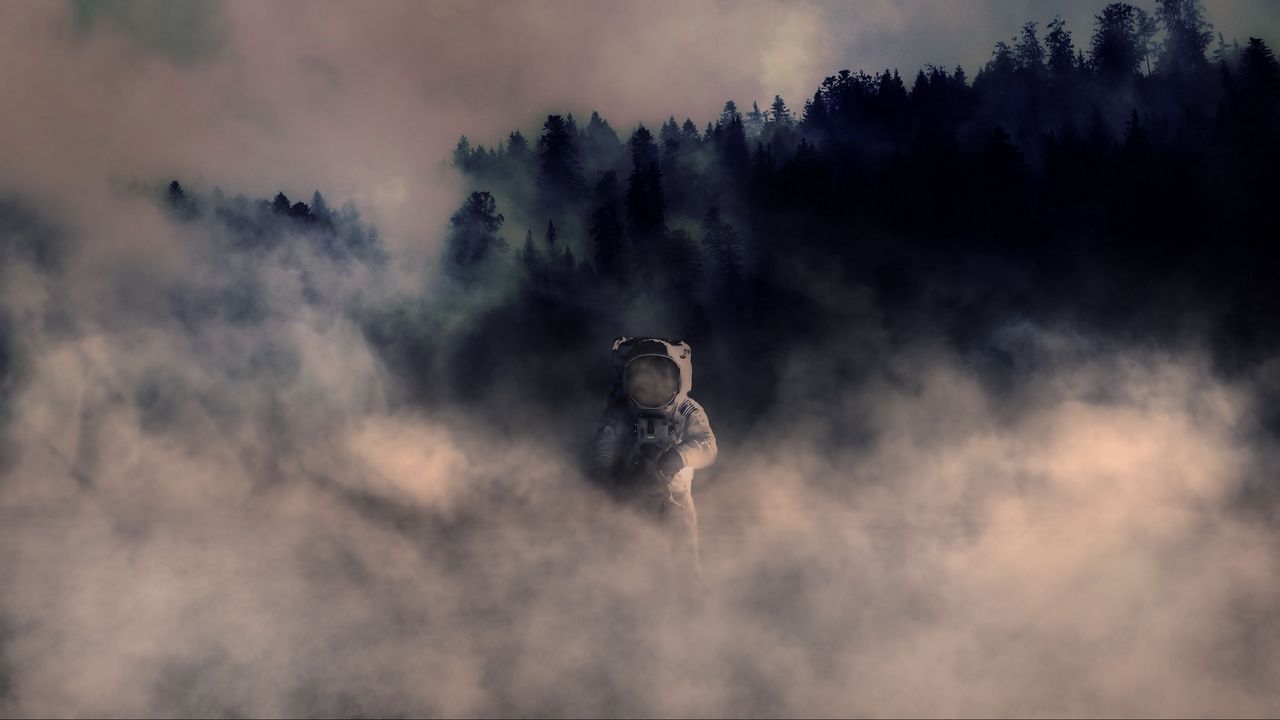 Wallpaper cosmonaut, space suit, smoke, forest, photoshop