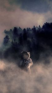 Preview wallpaper cosmonaut, space suit, smoke, forest, photoshop
