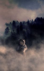 Preview wallpaper cosmonaut, space suit, smoke, forest, photoshop