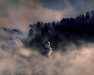 Preview wallpaper cosmonaut, space suit, smoke, forest, photoshop