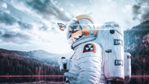 Preview wallpaper cosmonaut, spacesuit, butterfly, reflection, landscape, radioactive